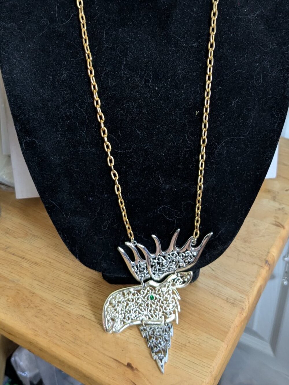 Vintage MCM Gold Silver Tone Moose Head Pendant Statement Necklace